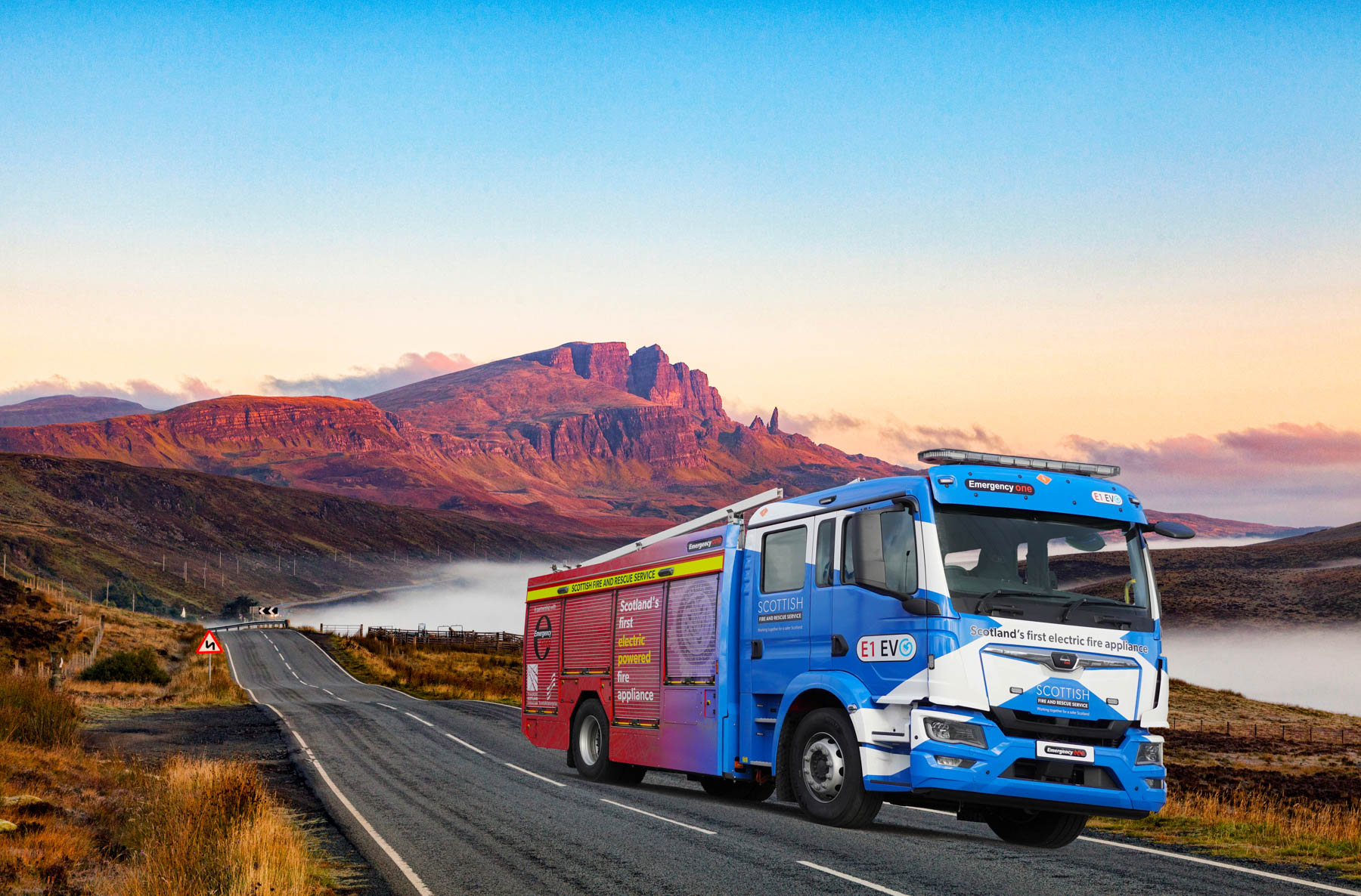 The open road on a misty autumn morning at The Storr, Isle of Skye, Scottish Highlands, Inner Hebrides, Scotland, UK