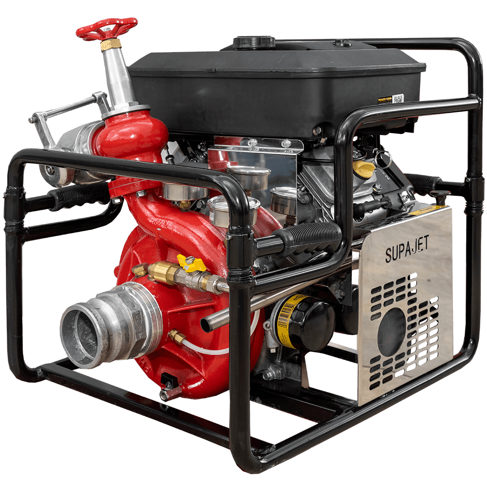 Phoenix Maxflo 18 petrol fire pump with hose connections SupaJet 18 AE petrol pump with stainless steel control panel Phoenix SupaJet 1400 EFI high-capacity fire pump Petrol-powered fire pump setup for rapid deployment