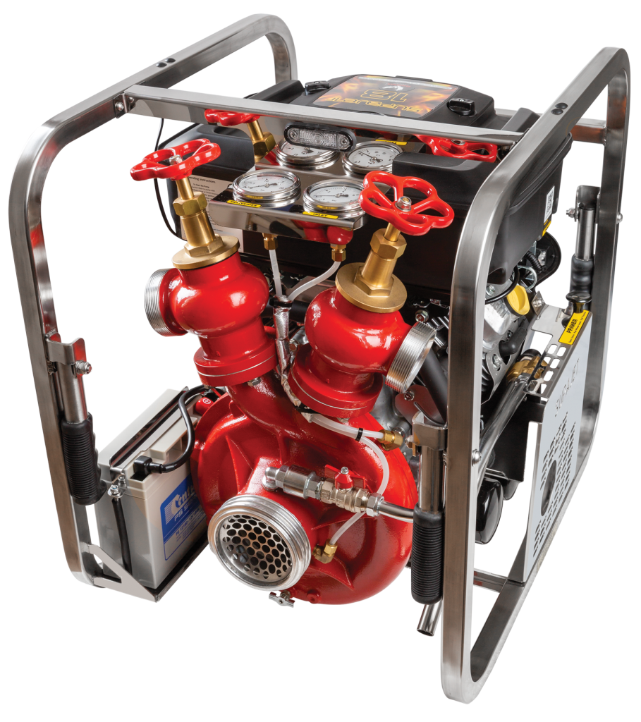Phoenix Maxflo 18 petrol fire pump with hose connections SupaJet 18 AE petrol pump with stainless steel control panel Phoenix SupaJet 1400 EFI high-capacity fire pump Petrol-powered fire pump setup for rapid deployment