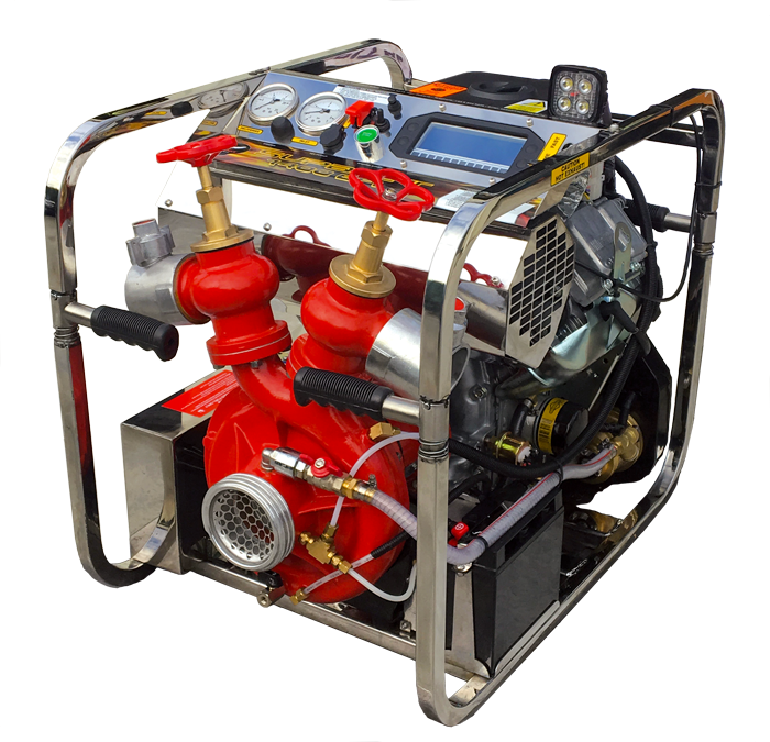 Phoenix Maxflo 18 petrol fire pump with hose connections SupaJet 18 AE petrol pump with stainless steel control panel Phoenix SupaJet 1400 EFI high-capacity fire pump Petrol-powered fire pump setup for rapid deployment