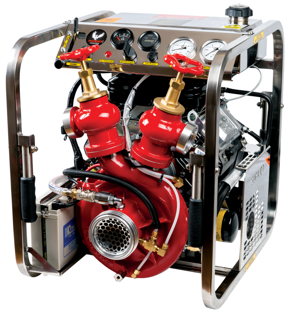 Phoenix Maxflo 18 petrol fire pump with hose connections SupaJet 18 AE petrol pump with stainless steel control panel Phoenix SupaJet 1400 EFI high-capacity fire pump Petrol-powered fire pump setup for rapid deployment